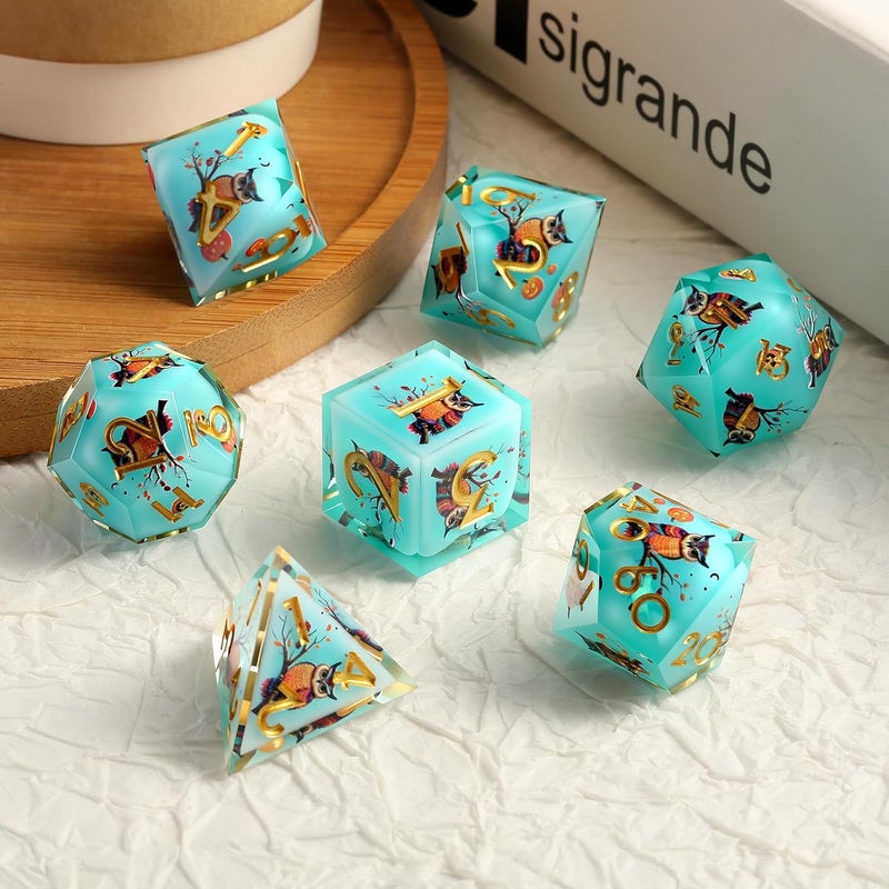 DNDND Owl Aqua Blue Translucent Resin Dice Set - 7-Piece Sharp Edge RPG Dice for D&D with Stickers, Handcrafted Premium Metal Case Gift - Image 3